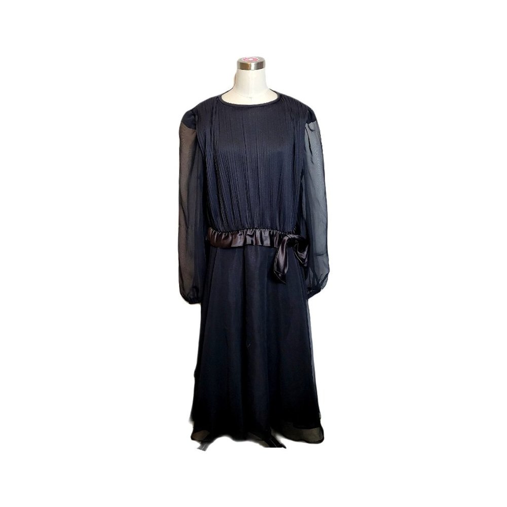 Vintage Black Chiffon Dress Satin Bow Belt Zip Back Size Large Sheer Sleeves